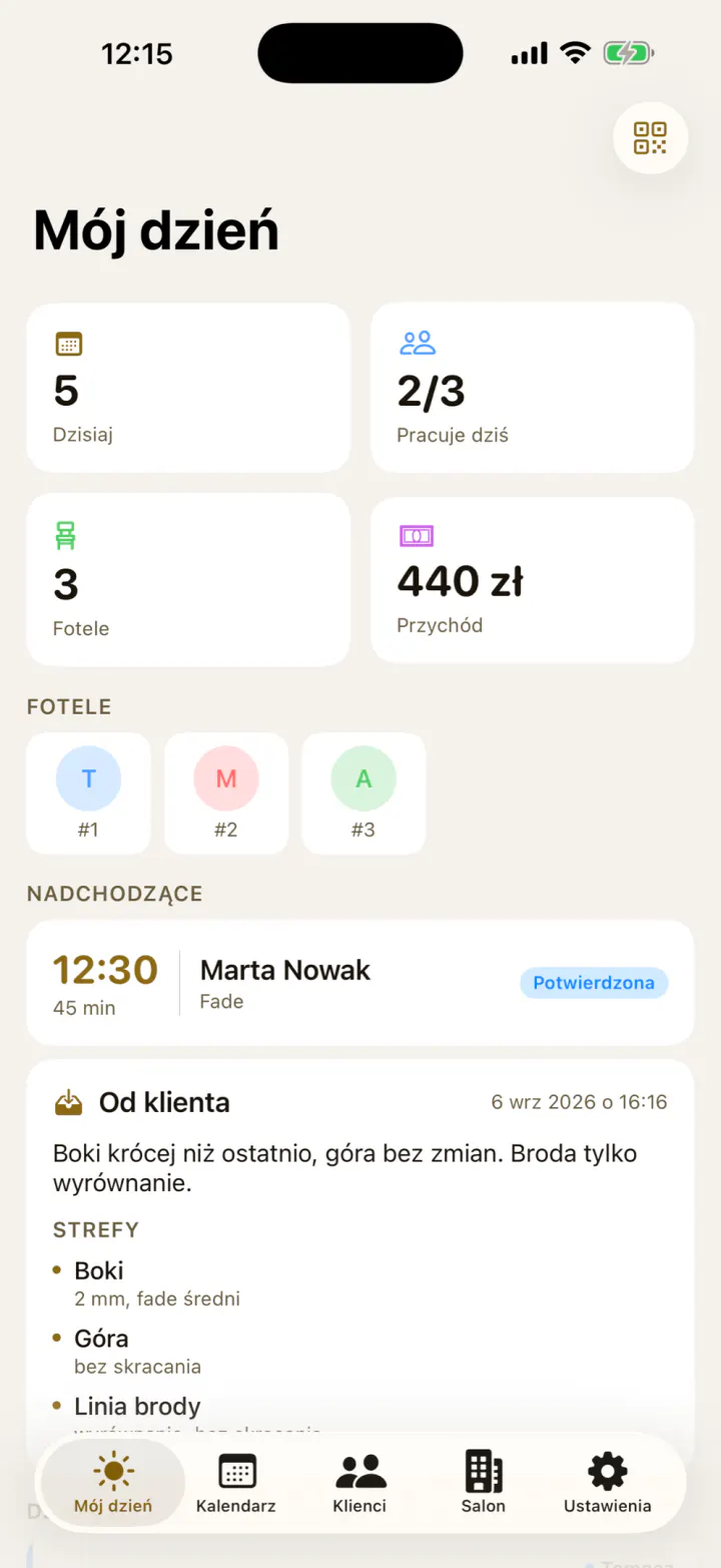 Aplikacja barbera: plan dnia, najbliższa wizyta, a pod nią karta przekazana przez klienta.