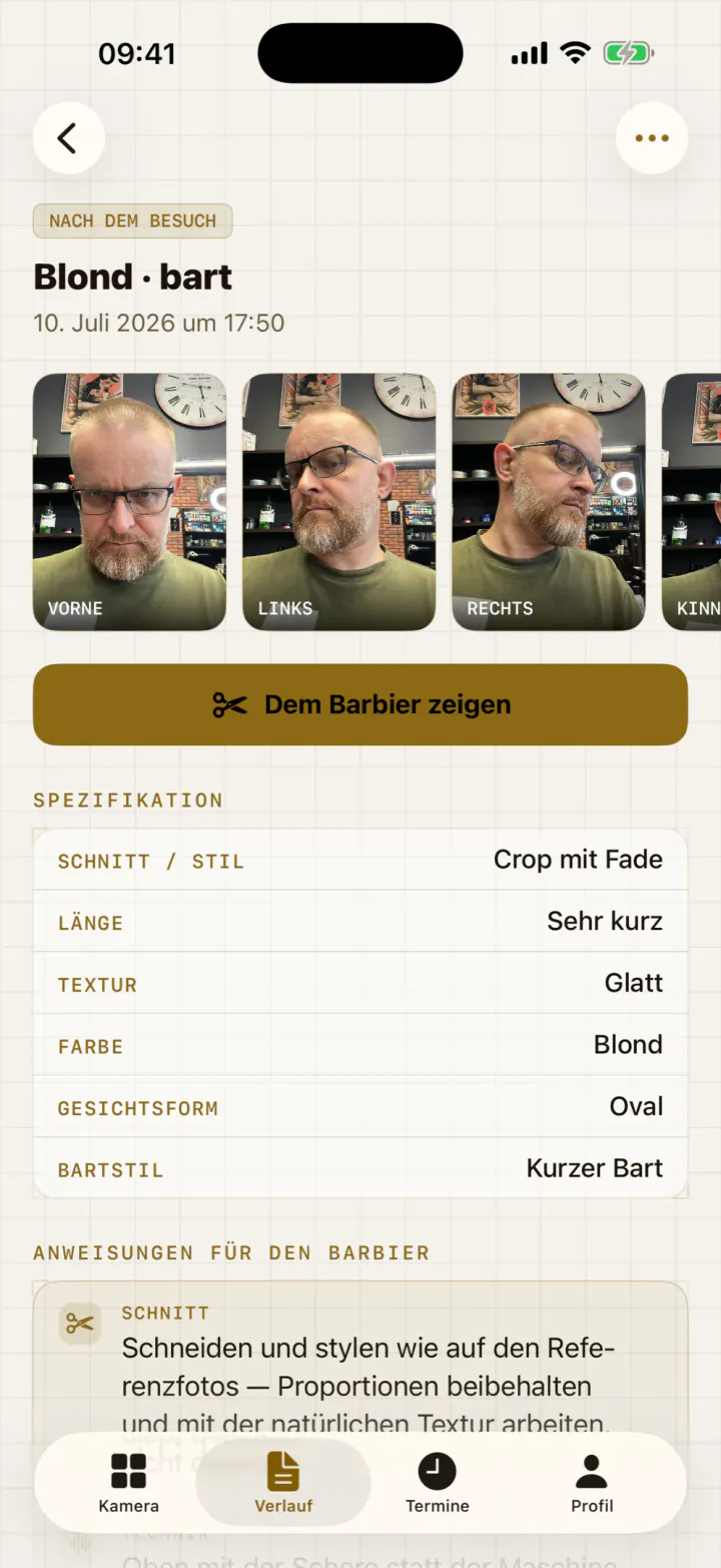Der Sitzungsbildschirm von One-UP: Fotos aus vier Perspektiven und darunter die ausgeschriebene Spezifikation.