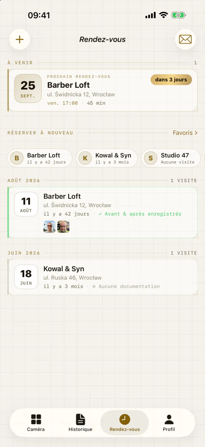 L’écran des rendez-vous avec la prochaine date et les salons où tu reviens.