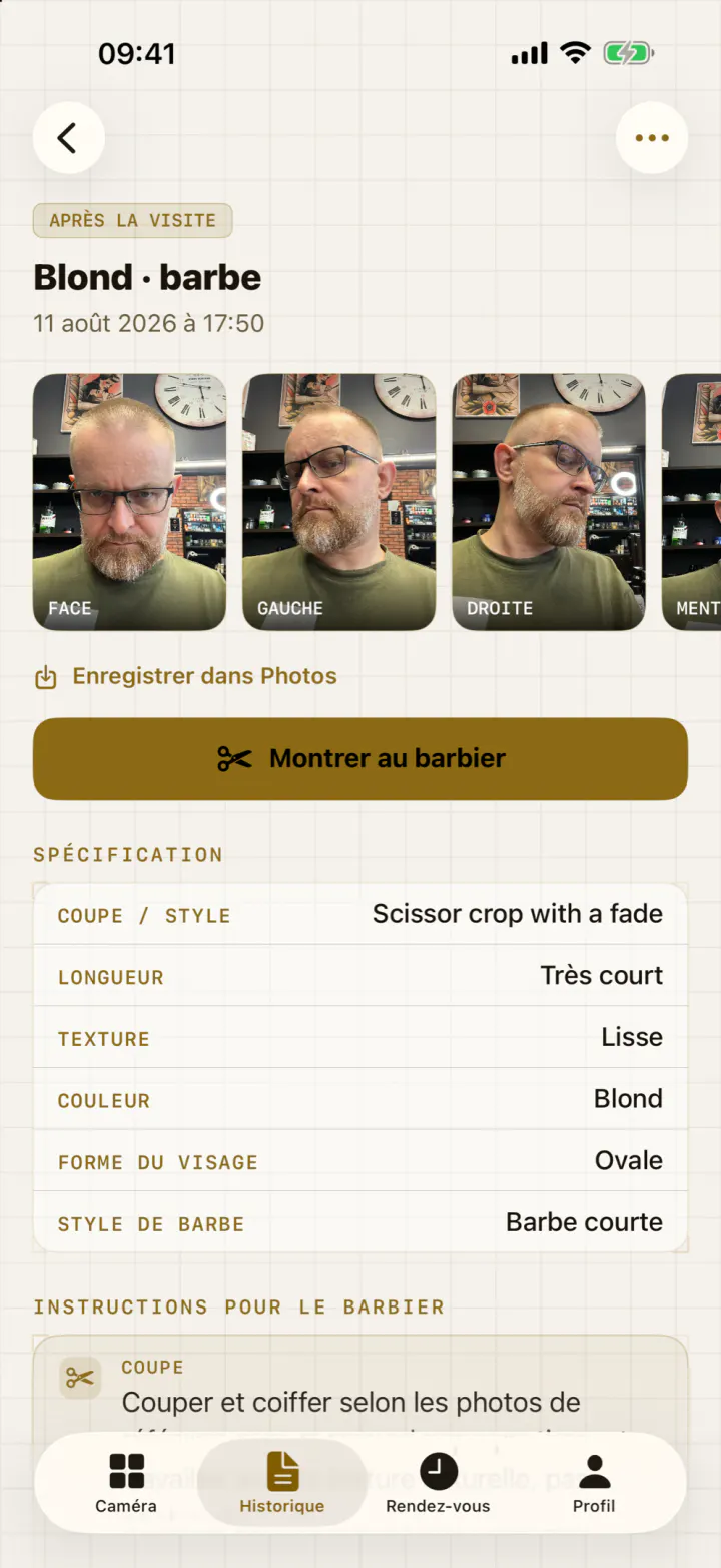 L’écran de séance One-UP : les photos sous cinq angles et, en dessous, la description rédigée.