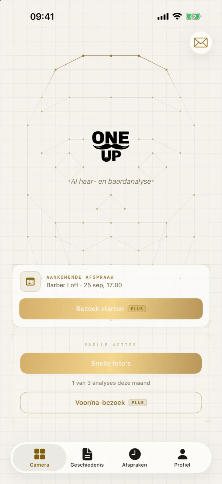 Het startscherm van One-UP met de eerstvolgende afspraak.