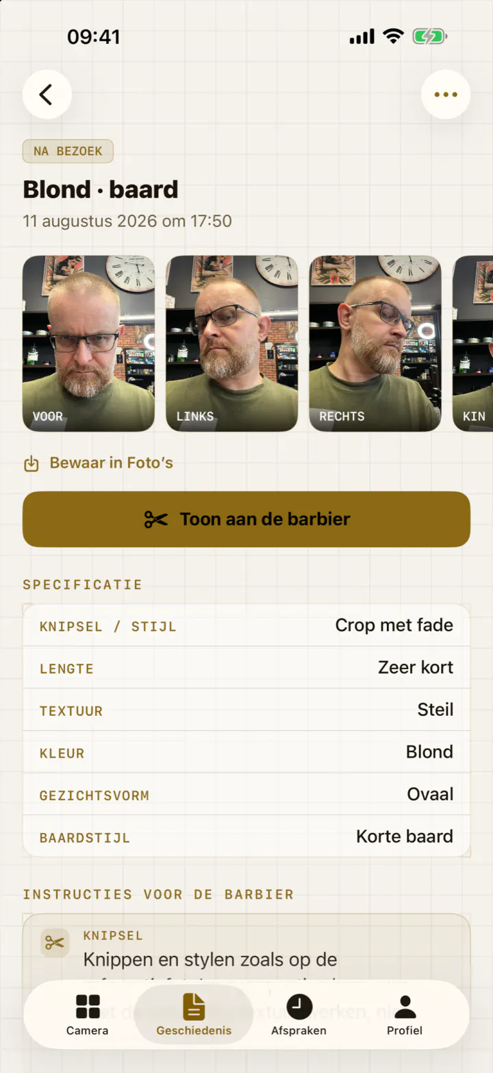 Het sessiescherm van One-UP: foto’s uit vijf hoeken en daaronder de uitgeschreven specificatie.