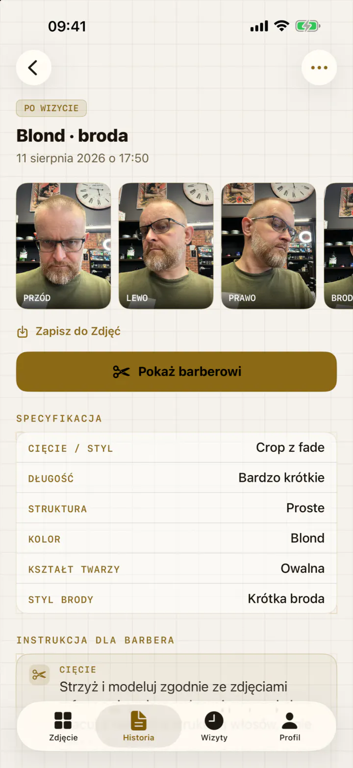 Ekran sesji w One-UP: zdjęcia z pięciu ujęć i wypisana pod nimi specyfikacja.
