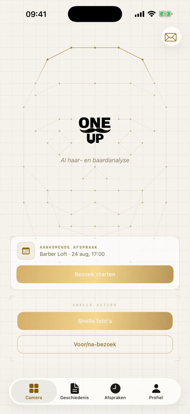 Het startscherm van One-UP met de eerstvolgende afspraak.