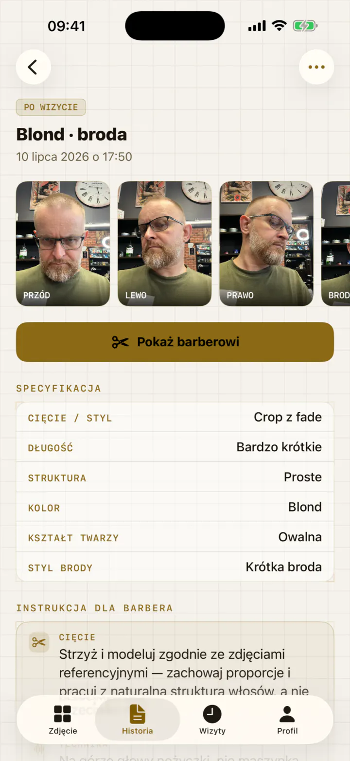 Ekran sesji w One-UP: zdjęcia z czterech ujęć i wypisana pod nimi specyfikacja.